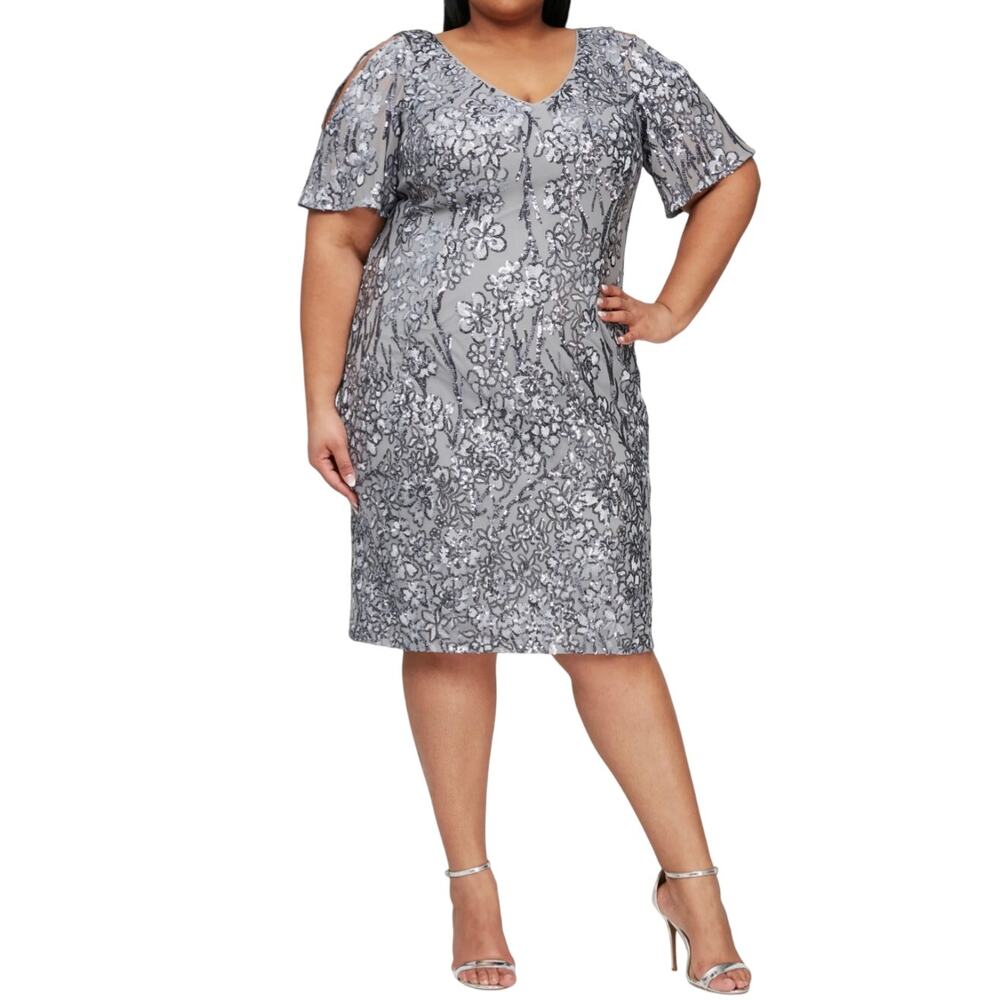 Alex Evenings Silver Cocktail Dress Sequin Short Sleeve V-Neck Sheath Size 14W